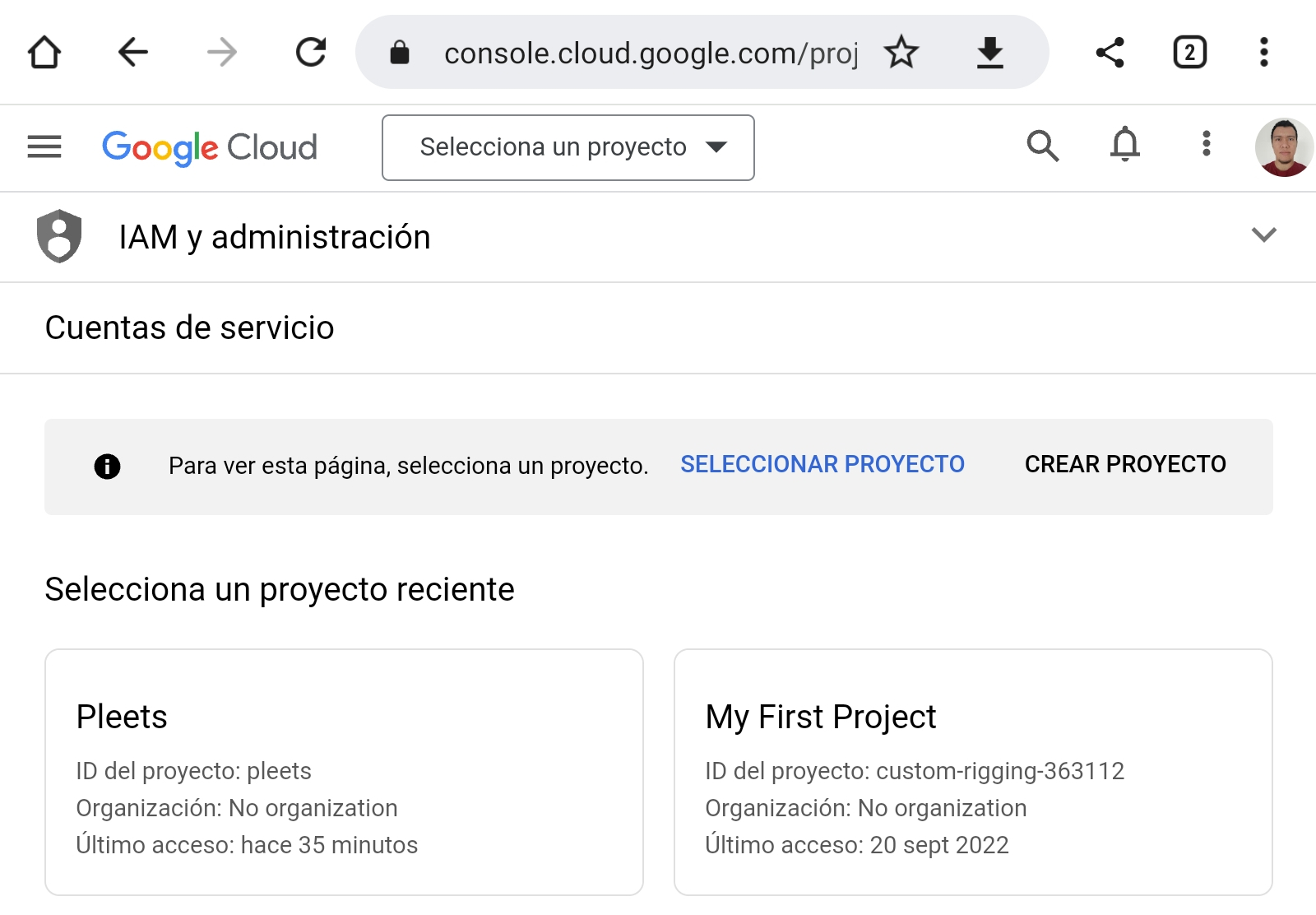Listado de cuentas de servicio en la consola de Google Cloud
