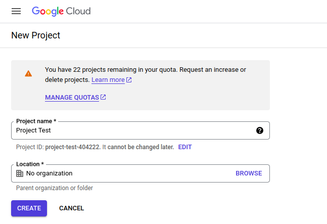 creating a new project in google console