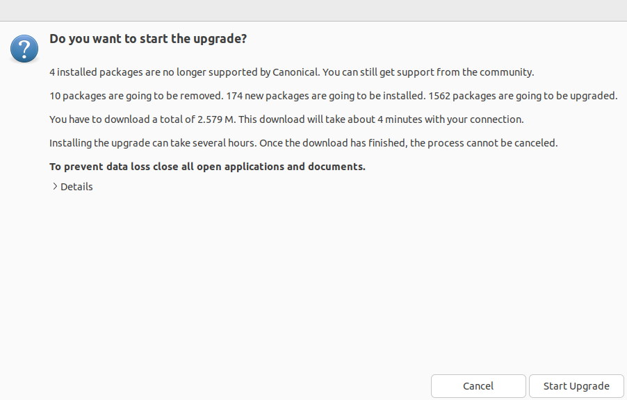 Window showing if you want to start the upgrade process. A list of packages to update and remove is also shown.